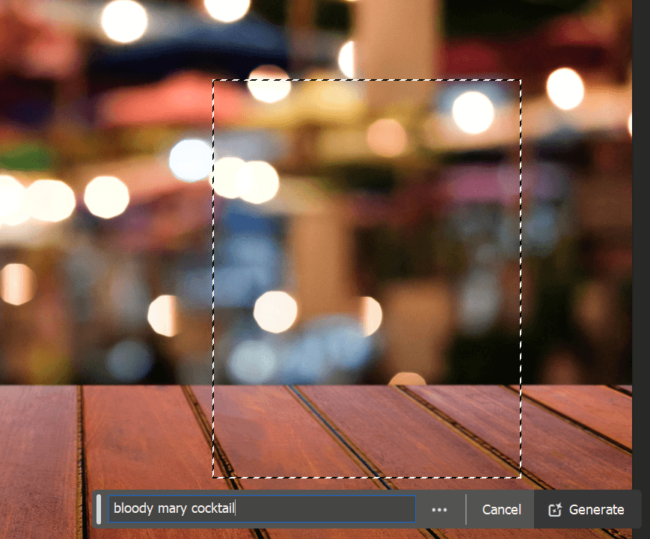 Example of Adobe Generative Fill focusing on a table where a cocktail will be generated.