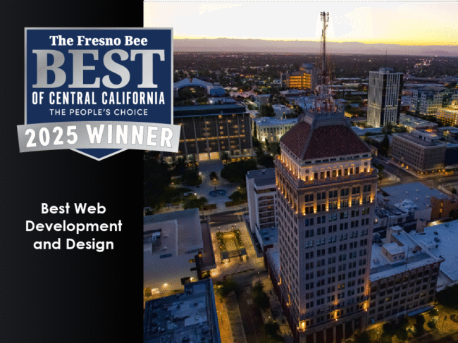 Image banner showcasing ADvine's Award for Best Web Development and Design from Best of Central California with An aerial view of Fresno city illuminated at sunset