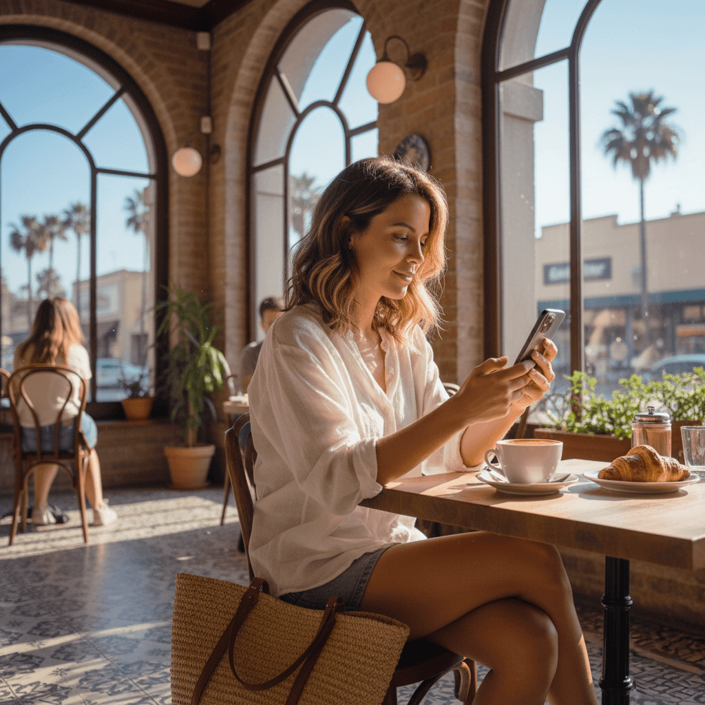 Woman is seen browsing through her social media in a cafe located in fresno california on a sunny day with a warm coffee and croissant on the table