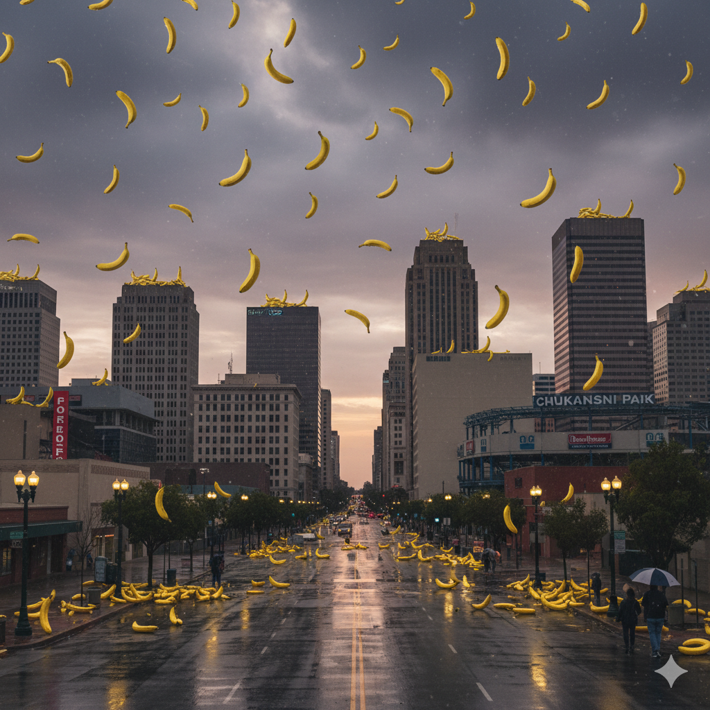 a nano banana generated image of raining bananas over downtown fresno on an rainy afternoon