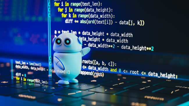 An artificial intelligence chatbot is helping programmers write source code. 3d rendering An artificial intelligence chatbot is helping programmers write source code. 3d rendering