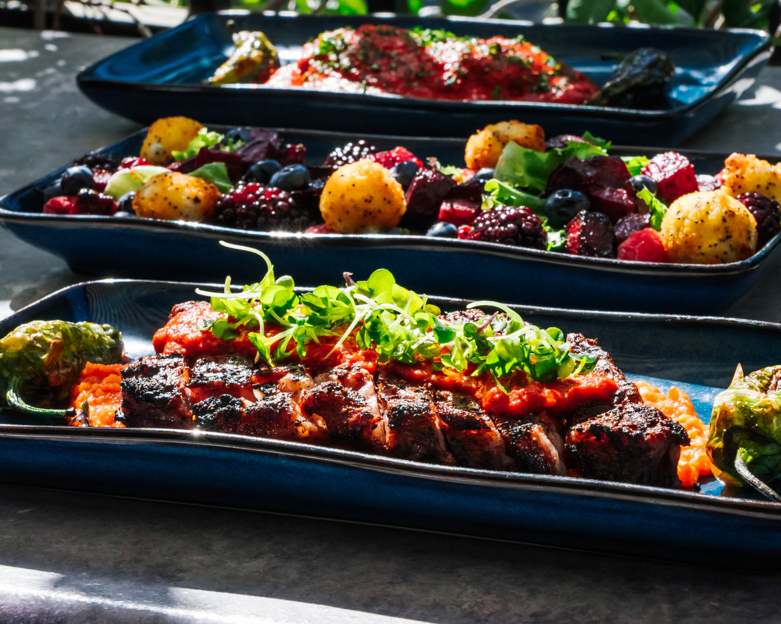 Group Food-1 "Three blue platters, expertly photographed by Advine's Photography Services in Fresno California, display a gourmet meal in natural light. The foreground shows a sliced, sauced steak with microgreens and blistered peppers. The middle platter features a vibrant salad of beets, berries, and golden croquettes,