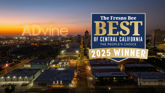 Advine logo presented as the Fresno Bee's Best of Central California Winner in Marketing Company and Web Design from the People's Choice Award with a view of Downtown Fresno in the background
