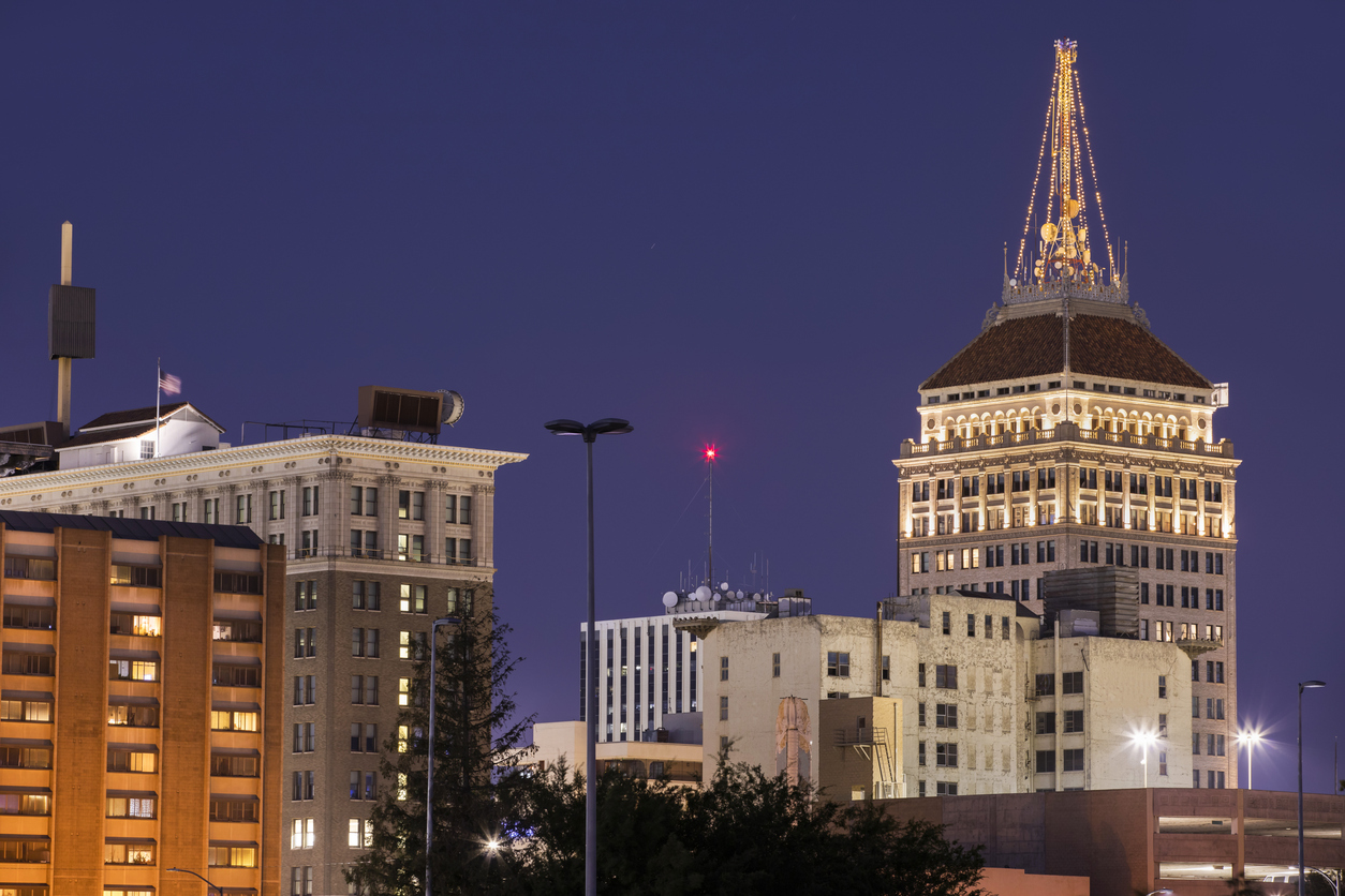 Fresno, California Downtown Fresno small businesses showcasing the nightlife prime for social media marketing opportunities near the security building and downtown skyline
