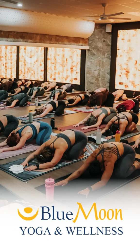 Advine's professional image captures a full class at Blue Moon Yoga & Wellness in a low child's pose, emphasizing the serene, communal atmosphere of the yoga and wellness studio.