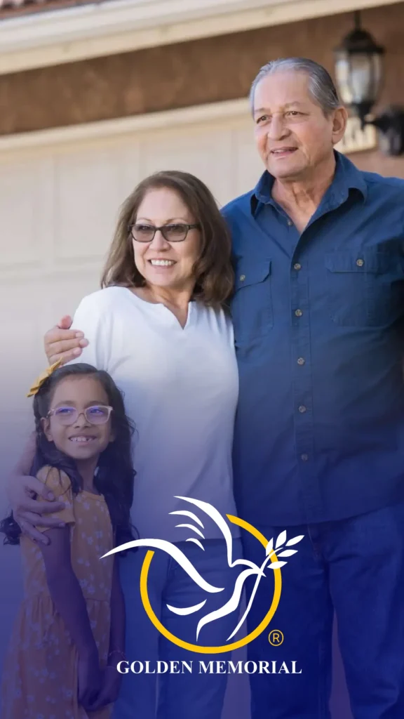 Advine's professional portrait features a smiling, multi-generational Hispanic family—a grandmother, grandfather, and young girl—standing together outside a home, showcasing the supportive brand image of Golden Memorial.