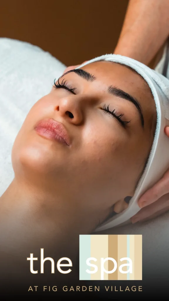 Advine's focused beauty photography features a close-up of a woman receiving a luxurious facial or head massage at The Spa at Fig Garden Village, conveying a sense of relaxation and high-end service.