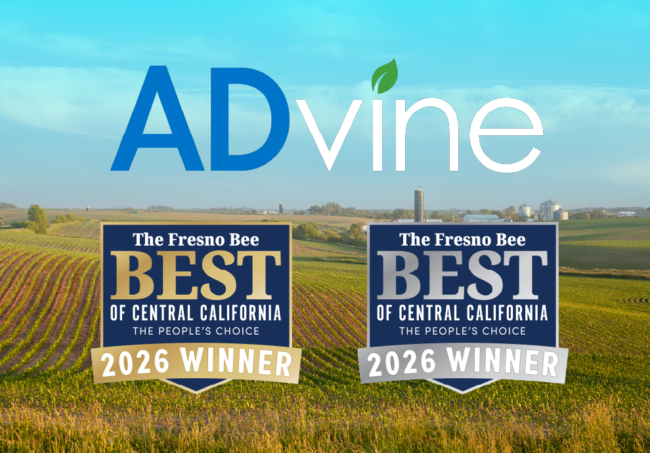 ADvine wins Best of Central California In Gold for best marketing firm and silver in best web development and design. Logos over a green farm environment